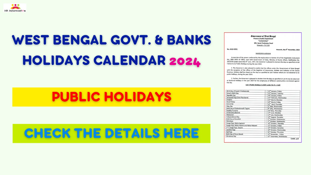 West Bengal Government and Bank Holidays List 2024 Notification